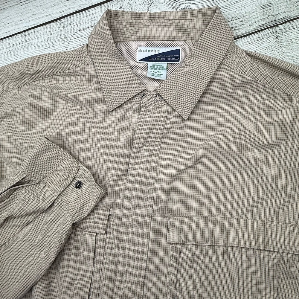 ExOfficio Insect Shield Shirt XL L/S Snap Button Khaki Check Bugs Away Outdoor B